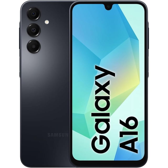 samsung galaxy a16 4g 128 gb, 4 gb de ram | pantalla amoled de 6,7" y 90 hz | smartphone android gsm desbloqueado, versión internacional, con doble sim (nuevo) celular negro en vista frontal y posterior centrada; pantalla Super AMOLED de 6.7" con notch en forma de gota y gráfico 'Galaxy A16', trasera con triple cámara vertical (50 MP principal, 5 MP ultra gran angular, 2 MP macro) y flash, bordes delgados y acabado mate; adecuado para streaming y gestión de redes sociales.