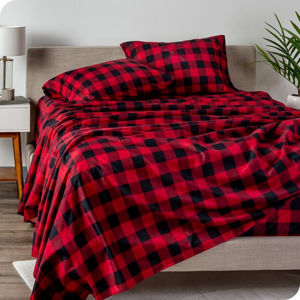 Bare Home Juego de Sábanas Ultra Suaves Colección Premium 1800, Bolsillos Profundos, 4 Piezas, Tamaño Queen, Cuadros Escoceses, Rojo/negro