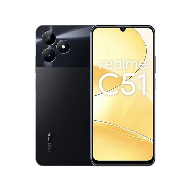 realme c51 4gb ram 128gb negro vista frontal y trasera; pantalla con muesca en forma de gota mostrando 'realme C51', parte trasera negra mate con módulos circulares de cámara y sensor adicional, botón lateral con lector de huellas. 33W carga rápida, cámara principal 50MP, 4GB RAM + 128GB ROM, NFC 360°. Ideal para multimedia y redes sociales.