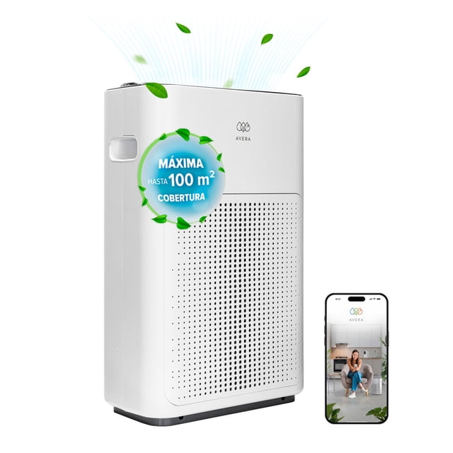 purificador de aire inteligente potencia 200 cadr - cubre hasta 100m² Blanco Avera Digital: vista frontal 3/4 de un purificador vertical blanco con panel perforado, asa lateral y logo Avera; gráficos verdes muestran flujo de aire y un smartphone con la App Avera. CADR 200 m³/h, cobertura hasta 100 m², filtro HEPA + carbón, control Wi‑Fi 2.4 GHz e indicador LED de calidad. Modo Sleep para funcionamiento silencioso; también usado para renovar aire en salas y oficinas domésticas.