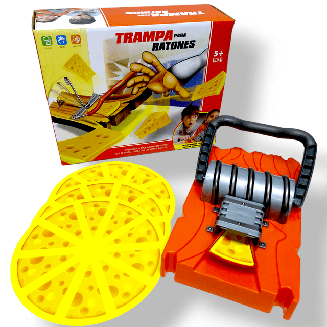 juego de mesa interactivo para niños trampa para ratones vianos limited vista 3/4 del set: tablero naranja con palanca negra y rodillos plateados, tres plataformas circulares amarillas con huecos tipo queso y caja con manual visible; juego familiar para 2+ jugadores con 3 niveles de dificultad, también usado a menudo como actividad lúdica en fiestas infantiles.