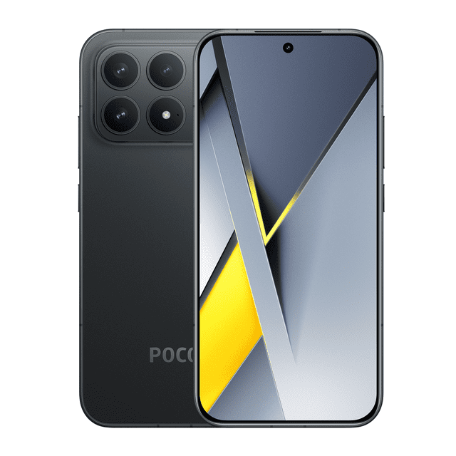 smartphone xiaomi poco f8 pro dual sim 256 gb 12 gb ram nuevo liberado negro, vista frontal y 3/4 posterior; pantalla de 6.59" con orificio para cámara selfie centrado, carcasa trasera negra con acabado mate esmerilado y capa decorativa rectangular brillante, módulo cuadrado con cuatro lentes y logo POCO en la parte trasera; dispositivo desbloqueado compatible con redes 5G, con 12 GB de RAM, 256 GB de almacenamiento interno y plataforma móvil Snapdragon 8 Elite, a menudo usado para juegos de alta velocidad de fotogramas y tareas exigentes.