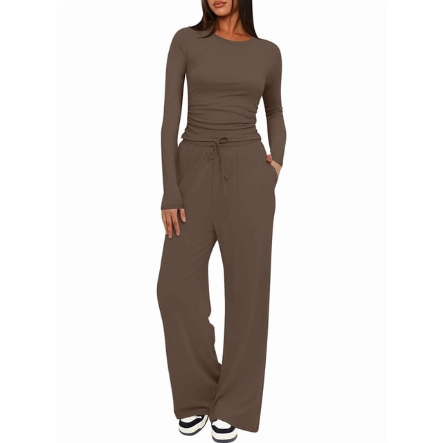 Conjuntos de 2 Piezas para Mujer, Conjuntos de Otoño, Chándales de Larga y Pierna , Conjuntos Casuales para Estar en Casa, Conjuntos A Juego. Café Marrón L