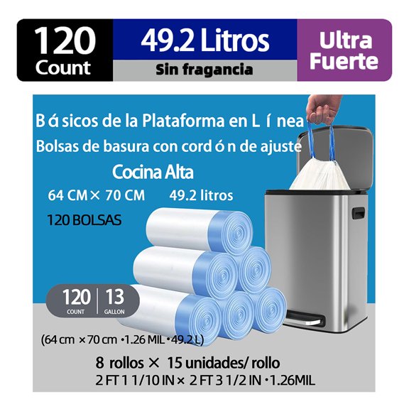 Dutrong 13 Galones Bolsas Para Basura de Cuerda, 50 Litros, Blanco, Sin Aroma,64×70cm, 120 Unidades