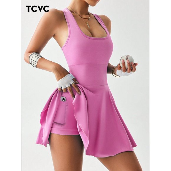 Vestido Deportivo de Tenis con Falda Volante y Bolsillo para Mujer, Rosa