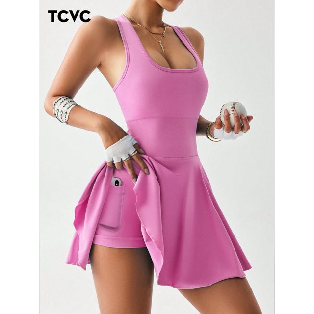 Vestido Deportivo de Tenis con Falda Volante y Bolsillo para Mujer, Rosa