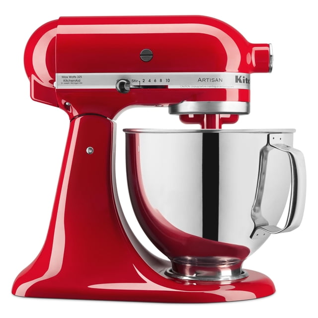 batidora artisan kitchenaid 4.7 l ksm150pspa passion red Batidora Artisan KitchenAid 4.7 l (5 QT) color rojo pasión, vista lateral frontal centrada con tazón de acero inoxidable con asa, perilla de 10 velocidades y placa 'Artisan' visibles, carcasa brillante y base curva; especificada a 325 W; en especificaciones incluye gancho para amasar, batidor plano, batidor de 6 alambres y protector de vertido; adecuada para preparar grandes lotes de masa.