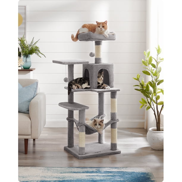 Feandrea - Árbol para gatos de varios niveles para interiores, torre para gatos tipo condominio con 4 postes para rascar, 2 posaderos, hamaca y cueva, gris claro, 56.3 pulgadas,