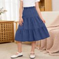 thumbnail image 4 of Falda midi vaquera escalonada para niñas, cintura alta elástica, corte en A, falda larga informal, suave, transpirable, con volantes, color negro, tallas de 4-5 a 14-15 años., 4 of 5