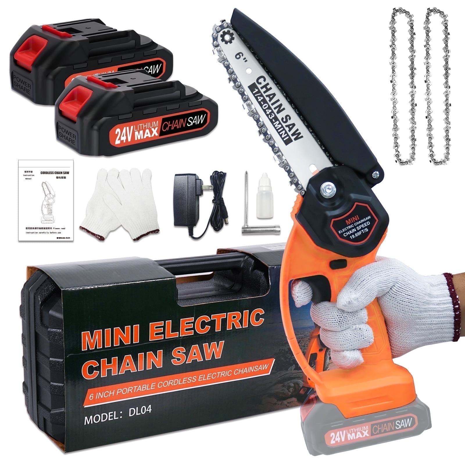 NEXPOW Motosierra Portátil de 16CM, Cortadora de Mini Motosierra Eléctrica Inalámbrica de Una Sola Mano con Batería de 24 Volts con 2 Baterías y 2 Cadenas, Nueva
