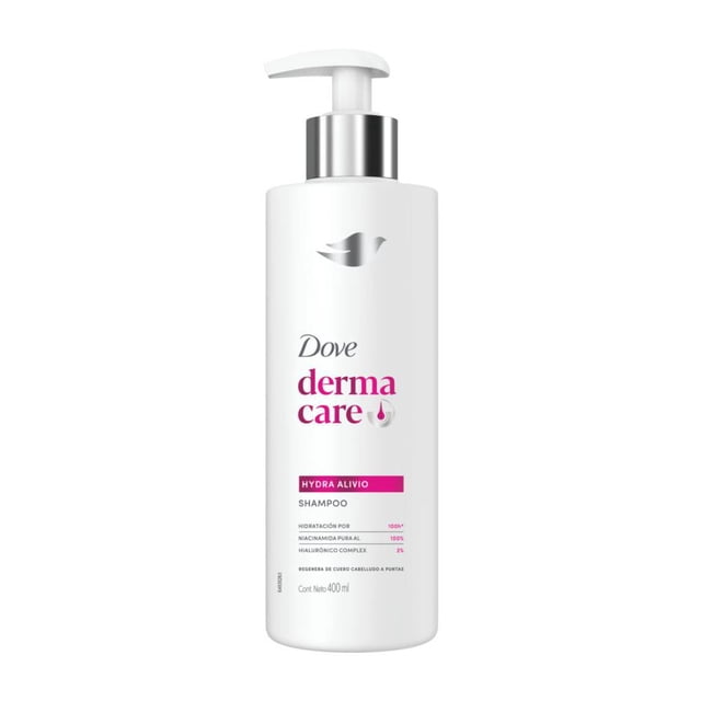 shampoo dove derma care hydra alivio, hidratación por 100h, 400 ml botella frontal con dispensador; envase blanco alto con logo Dove plateado, texto 'derma care' en magenta y franja 'Hydra Alivio' rosa, menciona niacinamida e hialurónico; producto de dermocosméticos para tratamiento capilar.