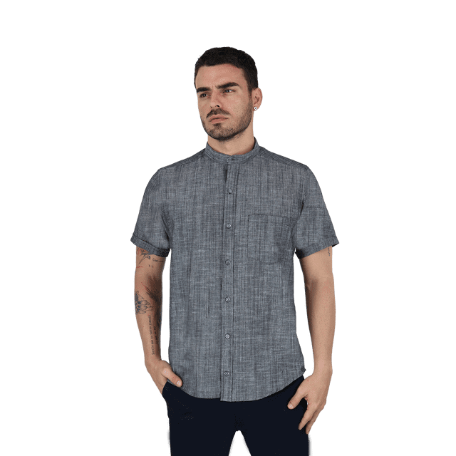 Camisas De Vestir Manga Corta Look De Lino Negro Jaspe Slim Fit Hombre