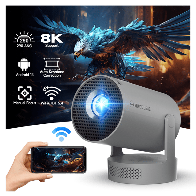 Magcubic Mini Proyector 8K Compatible con WiFi 6 y BT 5.4, Altavoz con Base de Sonido de 5W, Proyector Portátil Automático con Teclado Vertical Giratorio 180° para Hogar Recámara Películas para