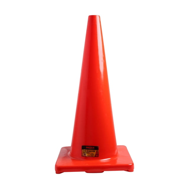 cono de seguridad con banda reflejante mikels 70x38 cm mikel's cs-70, cono naranja de PVC de 70 cm en vista frontal centrada con base cuadrada reforzada y etiqueta MIKEL'S visible; fondo blanco. A menudo se usa para delimitar áreas temporales en eventos o trabajos.