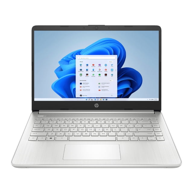 laptop hp 14-dq0532la intel celeron n4120 4gb 128gb ssd hd w11h plata a1uc2la vista frontal abierta; pantalla HD con Windows 11 visible, chasis plata con textura cepillada, bisel superior delgado, teclado en isla plateado y touchpad centrado. Portátil ligera para tareas básicas y uso móvil, también usada con frecuencia para estudio o trabajo en movimiento.