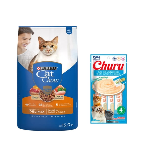 cat chow delimiix defense plus 15 kg + churu atún con vieira sobre con 4 tubos de 14 g Saco azul de Cat Chow Delimix Defense Plus 15 kg para gato adulto, frente con foto de un gato y etiquetas que destacan nutrición completa, músculos fuertes, salud del corazón, inmunidad y piel y pelaje sanos; a la derecha paquete de Churu atún con vieira con 4 tubos cremosos de 14 g, snack húmedo de alta hidratación ideal como golosina ocasional.