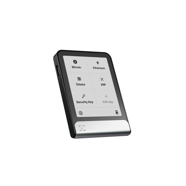 crypto wallet ledger flex secure pantalla táctil de tinta electrónica color grafito — vista 3/4 frontal de billetera hardware grafito con pantalla E Ink táctil que muestra iconos de Bitcoin, Ethereum, Solana y XRP en cuadrícula; chasis rectangular con bordes redondeados, base plateada y botón lateral; fondo blanco minimalista; adecuada para usar con la app Ledger Live y personalizar la pantalla de bloqueo.