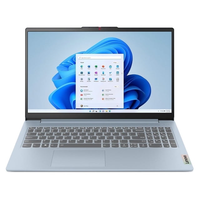 laptop lenovo ideapad slim 3 15iru8, 15.6" Intel Core i3-1315U, 8GB, 512GB SSD, Windows 11 Home, Español — vista frontal con pantalla abierta mostrando el escritorio de Windows 11 y teclado en español; chasis negro con biseles delgados, touchpad amplio y teclado numérico integrado; cámara web centrada en el marco superior. También adecuada para tareas de oficina, estudio y gestión de archivos.