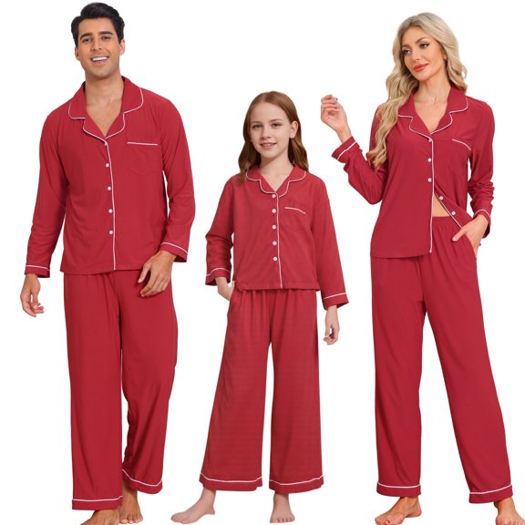 Conjunto de pijamas familiares de Navidad a juego con botones y mangas largas con pantalones S rojos ["Niños y Niñas"]