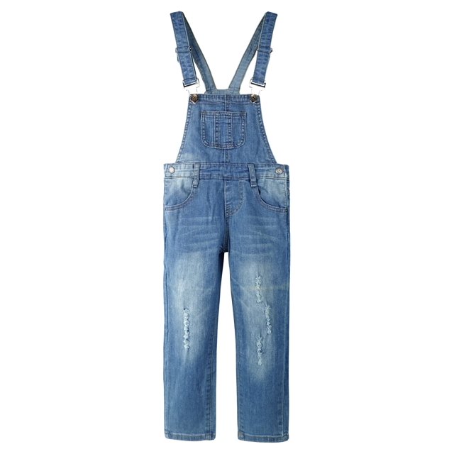 pantalones vaqueros ajustados y rotos para niña y niño,kidscool space, azul claro, 4-5 años overol vaquero frontal con tirantes ajustables, pechera con bolsillo grande, botones en los costados y cinturilla con elástico interior; efecto lavado y rotos en las piernas, corte recto, indicado para 4-5 años.