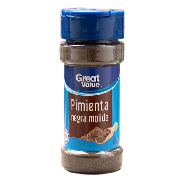 pimienta negra great value molida 65 g frasco frontal con tapa azul y etiqueta azul y marrón con logotipo Great Value y texto “Pimienta negra molida”, envase transparente que muestra polvo de pimienta, condimento ideal para sazonar guisos y recetas.