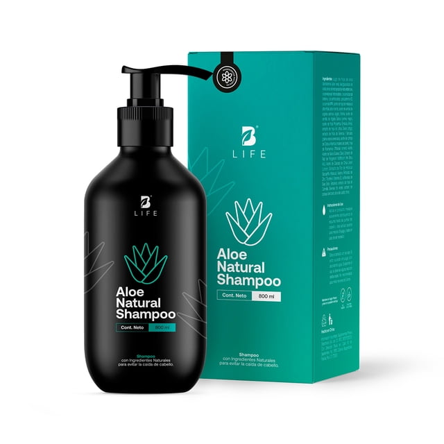 shampoo natural de 800ml | 82% de ingredientes naturales | sin sulfatos ni parabenos con aloe vera | natural shampoo | b life. Frasco negro con dispensador y caja verde turquesa en vista frontal; etiqueta con logotipo B Life, texto 'Aloe Natural Shampoo' y marcador '800 ml', ícono de hoja de aloe y acabado mate. Especificado con aloe vera, árbol de té, aceite de argán y romero; el dosificador lo hace adecuado para rellenar botellas de viaje pequeñas.