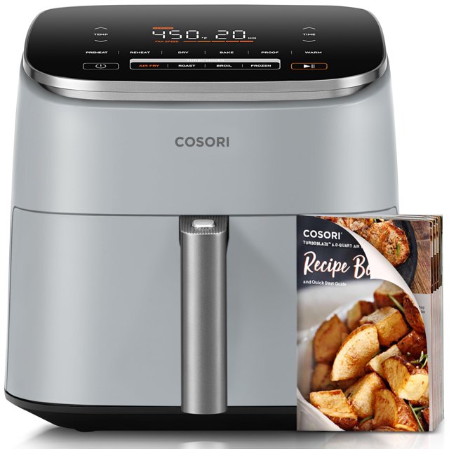 air fryer cosori 9 en 1, 6 litros, 5 velocidades de ventilador, 450 °f, con más de 100 recetas — Vista frontal de freidora COSORI gris con panel táctil negro superior que muestra temperatura y tiempo, asa vertical metálica y cesta antiadherente extraíble; modos digitales como Air Fry y Roast, capacidad de 6 litros en tamaño compacto para comidas familiares; a menudo usada también para recalentar y dorar porciones pequeñas sin ocupar el horno.