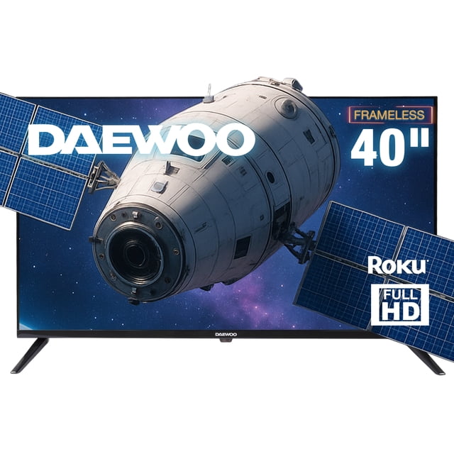 daewoo smart tv 40 pulgadas full hd led roku tv dolby audio wifi 2 hdmi 2 usb av netflix youtube prime video modelo daw40fr Televisión Daewoo negra de 40" vista frontal sin marco mostrando imagen espacial Full HD con logos de Roku y Full HD; peanas en V visibles, WiFi integrado y múltiples puertos para consolas y reproductores; adecuada para sala, recámara u oficina.