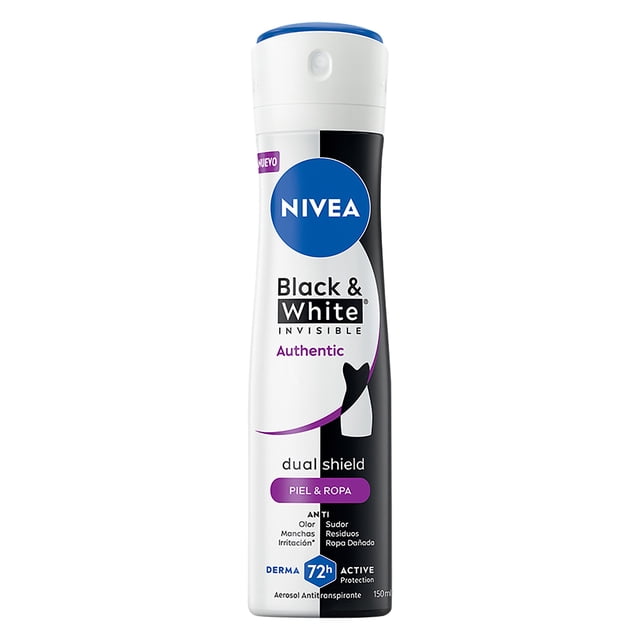 nivea deo mujer spray b&w authentic 150ml aerosol NIVEA Black & White Invisible Authentic, envase cilíndrico blanco y negro con logo azul y texto frontal, indica 72h de protección antitranspirante y fórmula sin alcohol etílico según etiqueta; fragancia floral-frutal, vista frontal sobre fondo claro.
