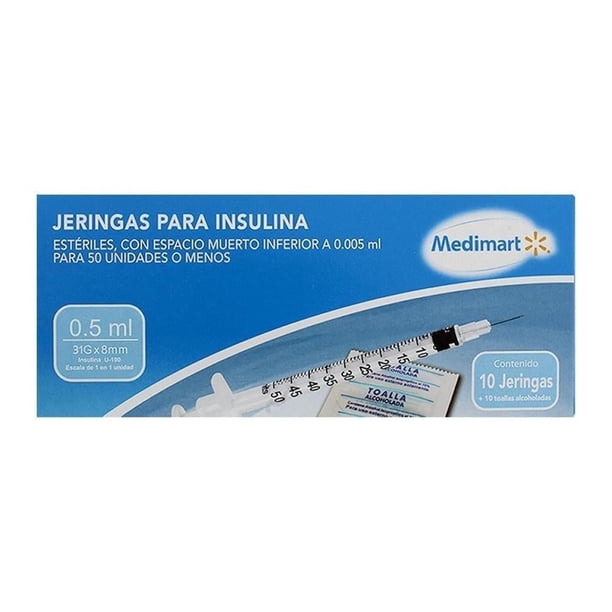 Jeringas para insulina Medimart 0.5 ml para 50 unidades o menos + 10 toallas alcoholadas