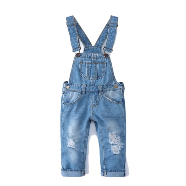 pantalones vaqueros ajustados y rotos para niña y niño, kidscool space, 18-24 meses mono vaquero azul claro con tirantes ajustables, cierre de gancho y broche metálico, vista frontal centrada con bolsillo de pecho, lavado a la piedra y rotos decorativos en ambas piernas; adecuado como prenda cómoda para jugar o sesiones fotográficas infantiles.