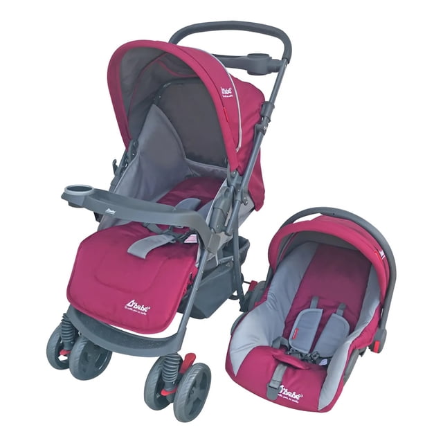 carriola reversible d'bebe reversible,charola,portabebe,travel system rosa carriola 3 en 1 rosa con manubrio reversible y capota con ventana. Asiento reclinable en 3 posiciones, arnés de 5 puntos, freno trasero y bloqueo en ruedas delanteras, piecero ajustable, charola y portavasos desmontables, amplia canastilla y colchoneta lavable; incluye portabebé multifuncional. Suele usarse también como silla fija en casa.