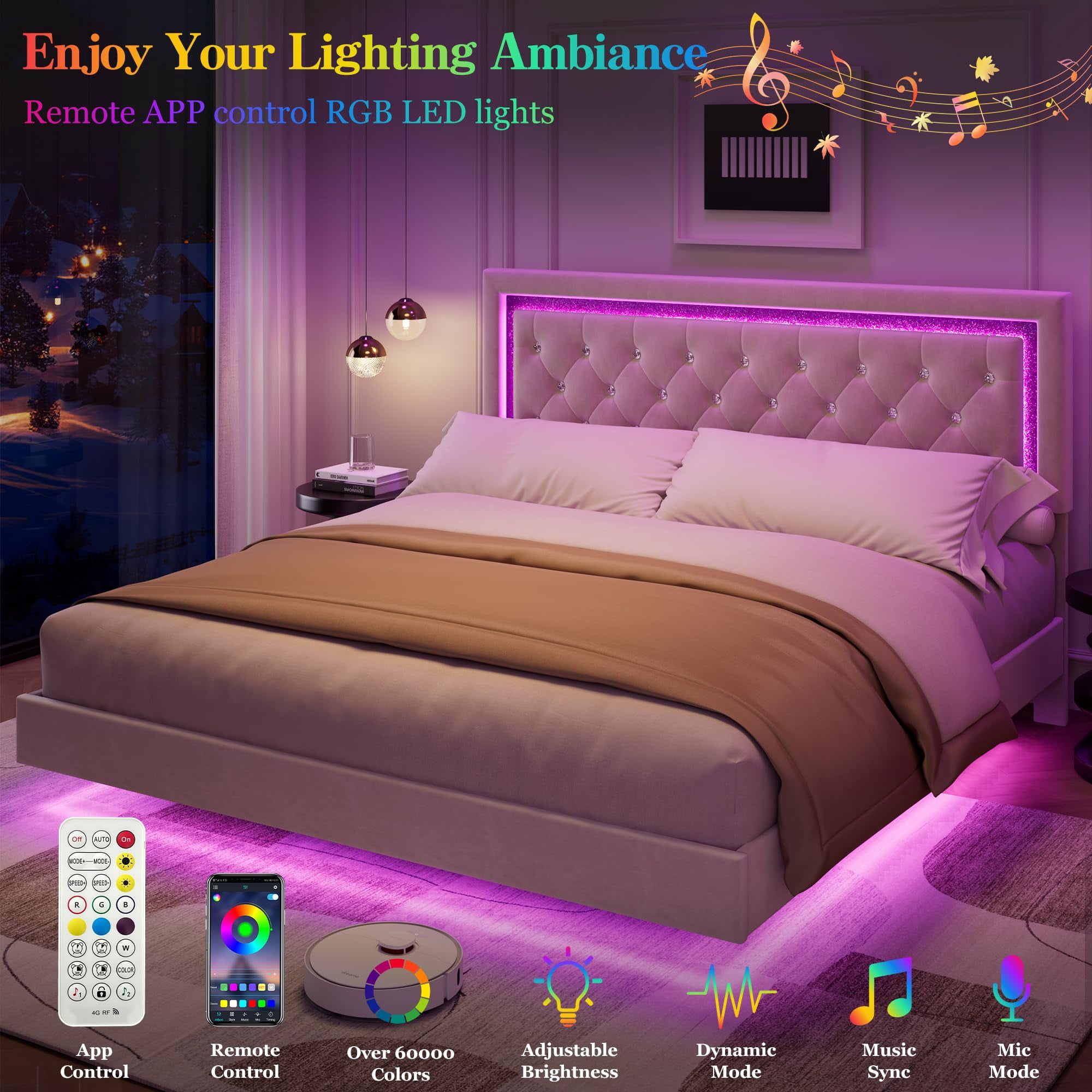 Cama Flotante King Size con Luces LED, Cabecero Tapizado con Diamantes, Plataforma Moderna de Madera, Silenciosa, Montaje Fácil, Sin Box Spring, KING White