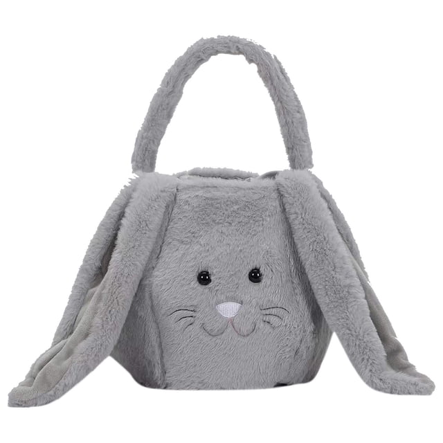 xihbxyly canasta de pascua personalizada con diseño de conejito suave, bolsa grande gris peluda vista frontal con cara bordada, ojos negros, nariz blanca, orejas largas caídas y asa acolchada personalizable; perfecta para huevos y dulces, uso multiusos como caja organizadora y decoración de Pascua; color: multicolor.