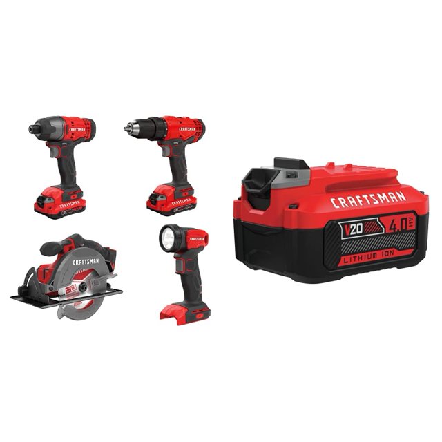 kit combinado de herramientas eléctricas craftsman v20 max de 4 herramientas con batería — vista frontal de cuatro herramientas inalámbricas rojas y negras: taladro/atornillador con portabrocas, destornillador de impacto, sierra circular compacta y linterna LED junto a una batería de iones de litio V20 4.0 Ah con etiqueta visible; también adecuado para proyectos domésticos y bricolaje.
