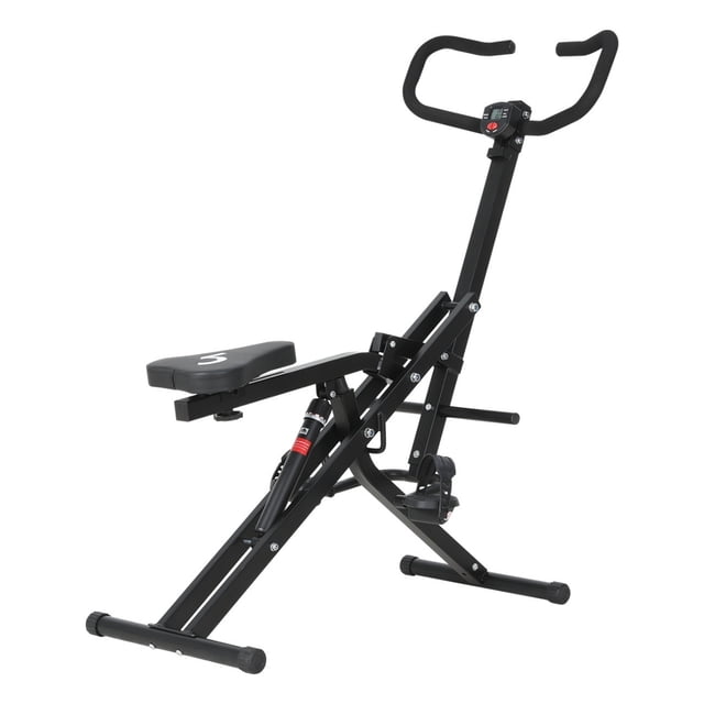 ejercitador vertical bywell musculación abs01 negro equipo plegable de entrenamiento en casa, vista 3/4 frontal; estructura de acero en X con pistón hidráulico visible, asiento acolchado rectangular, manubrios en U con recubrimiento antideslizante y consola pequeña en el poste; rieles y pedales bajos para apoyo, diseñado para movimientos similares a prensa de piernas, sentadillas, abdominales y trabajo de espalda, soporta hasta 100 kg y es adecuado para combinar fuerza y cardio en rutinas domésticas.
