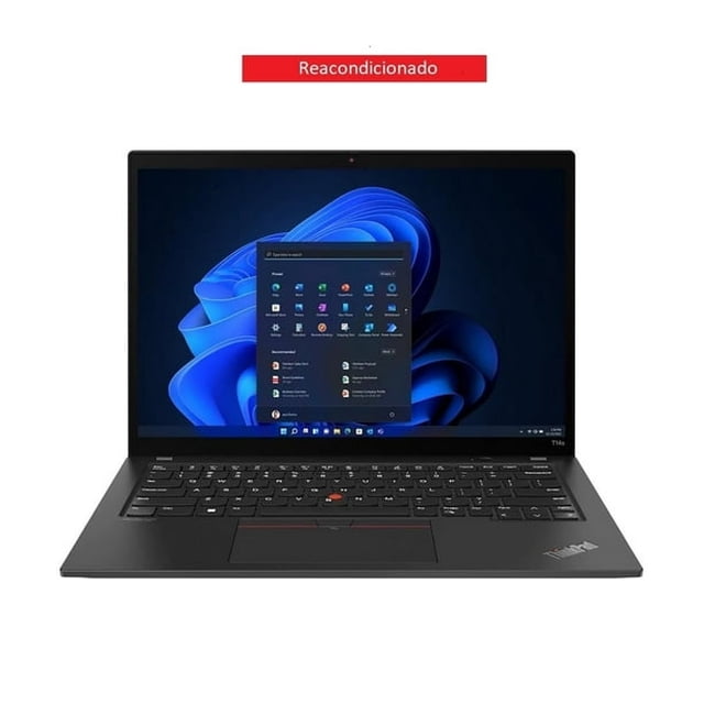 laptop lenovo t14s- 14"- i7 10610u- 16gb ram- 256gb ssd- reacondicionada. Reacondicionada Lenovo T14s 14" en color negro, vista frontal abierta con pantalla encendida mostrando Windows, teclado con TrackPoint rojo y touchpad visibles, biseles laterales estrechos y logo ThinkPad en la esquina inferior derecha; ideal para teletrabajo o uso estudiantil.