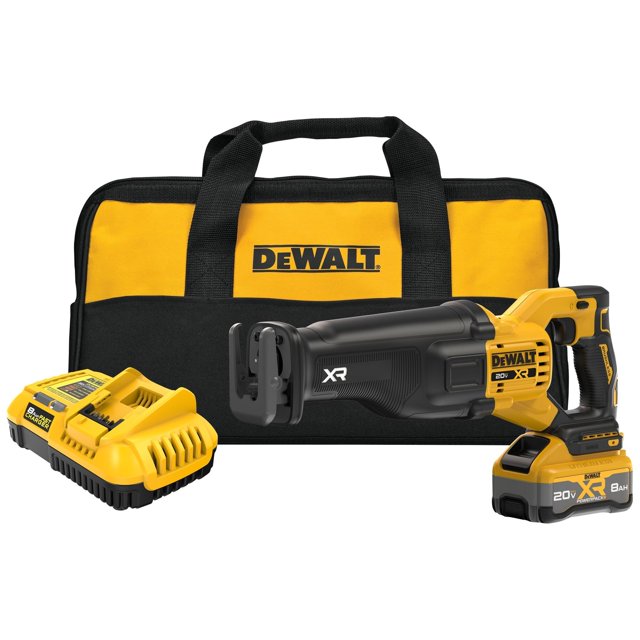sierra recíproca dewalt 20v max xr inalámbrica dcs384ww1 Kit con sierra recíproca inalámbrica DEWALT 20V MAX XR con motor sin escobillas, batería 20V XR instalada, cargador y bolsa de transporte amarilla y negra con logo DEWALT; vista 3/4 frontal que muestra la abrazadera de hoja sin llave y la empuñadura ergonómica; suele usarse también para cortes rápidos en andamios y remodelaciones ligeras.