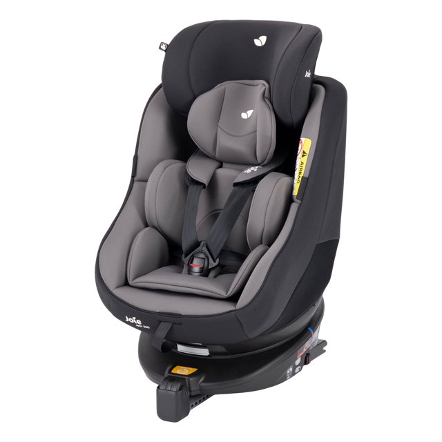 autoasiento para bebe joie spin 360 silla de seguridad Gris, grupo 0+/1 con base ISOFIX; vista 3/4 frontal del asiento giratorio 360° con respaldo y laterales acolchados, reposacabezas ajustable, arnés de 5 puntos y cojín reductor para recién nacido; base con pata de carga y conectores ISOFIX de acero visibles. Fondo blanco de estudio. Uso a contramarcha desde nacimiento hasta 18 kg y a favor de la marcha de 9–18 kg.