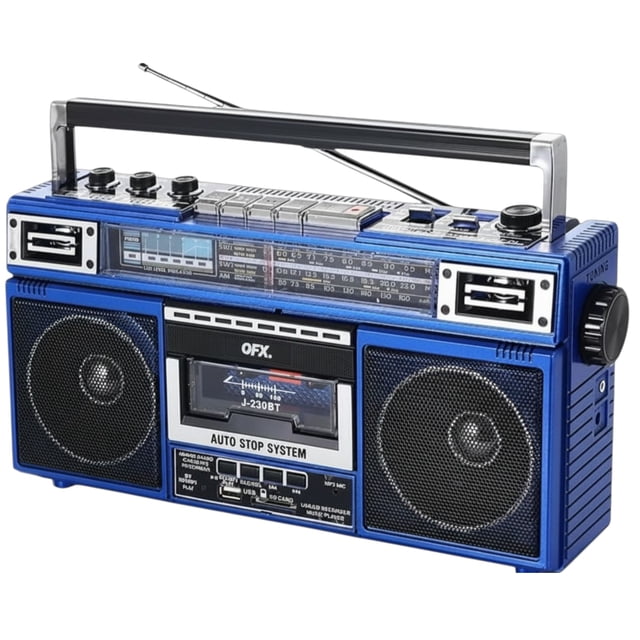 radiocasetera qfx azul bluetooth con conversión a mp3 y ecualizador de 3 bandas am/fm vista frontal centrada de radiocasetera retro azul con doble bocina, casetera con ventana transparente y logo QFX, perillas y botones analógicos en panel superior, sintonizador AM/FM/SW1/SW2 con antena telescópica, asa metálica plegable, puerto USB/SD para MP3 y entrada auxiliar 3.5 mm; ideal para reproducir/Grabar casetes y transmitir por Bluetooth 5.0.