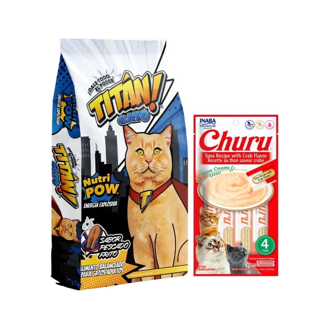 titan gato 15 kg + churu atún con cangrejo sobre con 4 tubos de 14 g paquete combinado: bolsa de alimento seco Titan Gato 15 kg con ilustración frontal de un gato naranja y rascacielos, junto a empaque rojo de Churu Atún con Cangrejo con cuatro tubos de 14 g y foto de crema de atún. También apto como premio o para ayudar a administrar medicación.