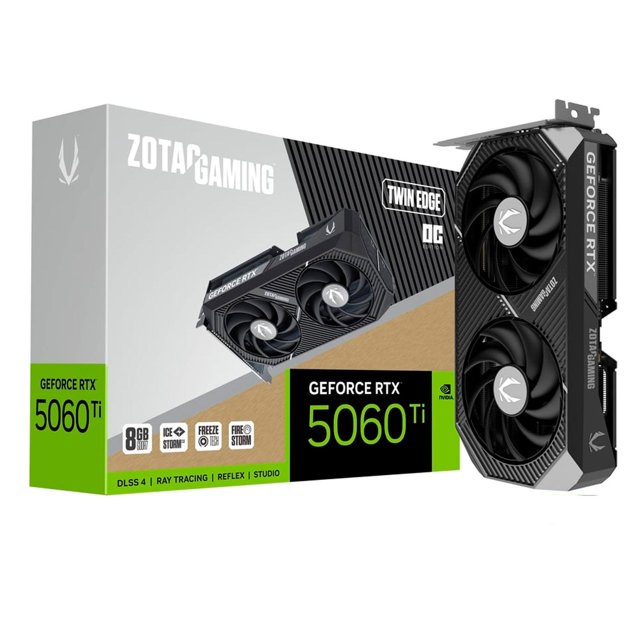 Tarjeta de Video ZOTAC GAMING Nvidia GeForce RTX 5060 Ti 8GB Twin Edge GDDR7 2 Fan DLSS 4 PCI Express 5.0 760 AI TOPS 448 GB/s Ancho Banda ZT-B50610H-10M