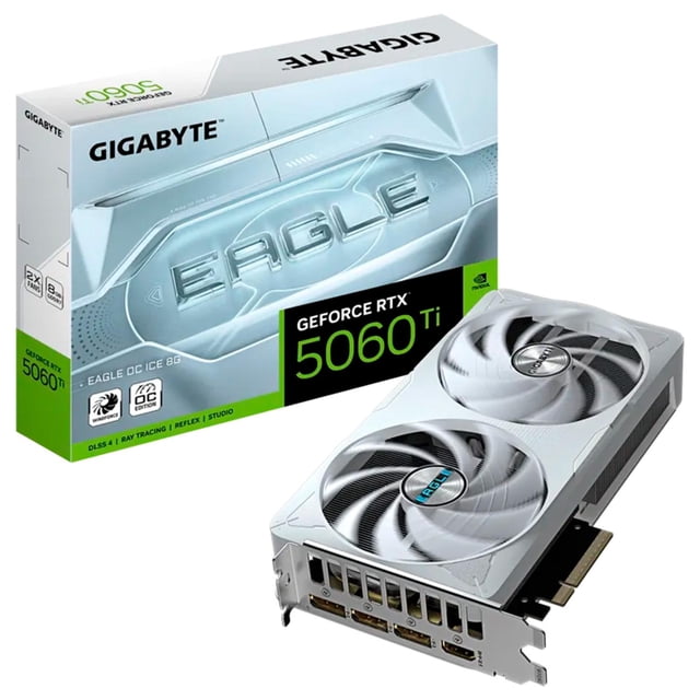 tarjeta video gigabyte geforce rtx 5060 ti eagle oc ice 8g Tarjeta gráfica blanca con dos ventiladores WINDFORCE, frontal con relieve "EAGLE" y backplate reforzado; PCI‑E 5.0, 8GB GDDR7 (128 bits), 4608 núcleos CUDA y 28 Gbps. También es adecuada para estaciones de trabajo de creación de contenido.