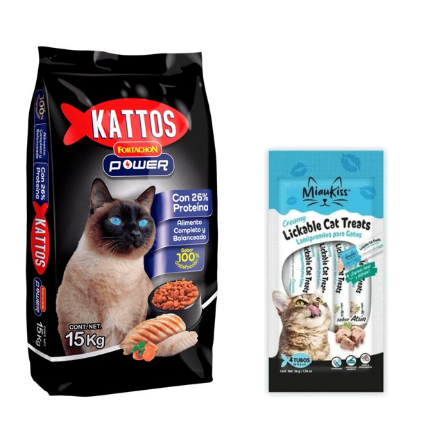 kattos fortachon power 15 kg + miaukiss lickable atun 4 pack 56gr paquete Kattos Fortachon Power 15 kg en primer plano, empaque negro con gato siamés y sello "Con 26% Proteína" junto a paquete Miaukiss Lickable Atún 4 pack 56 g azul y blanco con tiras cremosas para gatos; alimento pensado para nutrición completa, salud visual y dental, y piel y pelaje saludables.
