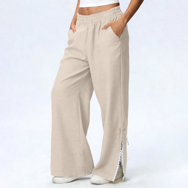 TaTaai olid Color Cotton Linen Women Casual Pants Wide Leg Breathable Machine Washable No Fading Lightweight Non See-through Daily Wear Full Length Trousers Gift