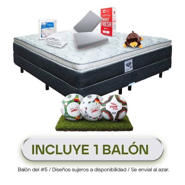 colchón king size spring air gibson + box + 2 almohadas + osito Conjunto king size con colchón Spring Air Gibson gris sobre base box oscura, vista 3/4; superficie acolchada con patrón matelassé y etiqueta Spring Air. Incluye 2 almohadas Night Fresh, protector Essence y un osito; especificación: sistema de resortes continuos Performance (713 resortes king) y Euro Pillow de altura intermedia. Fondo blanco de estudio y balón promocional sobre césped sintético al frente.
