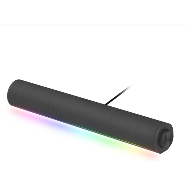 xiaomi desktop speaker altavoz inalámbrico bluetooth con iluminación rgb negro barra de sonido compacta 435 x 67 x 67 mm, vista 3/4 frontal; cuerpo cilíndrico con rejilla textil negra, tira LED RGB en la base, cable con perilla de volumen y extremo circular con control, para PC, gaming y multimedia; Bluetooth 5.3 y entradas USB-C/USB-A/AUX, a menudo usado como mejora de audio de escritorio.