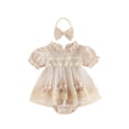 thumbnail image 1 of Conjunto de 2 piezas para bebé niña: pelele de tul con cuello de volantes y mangas cortas, bordado floral y diadema con lazo., 1 of 9