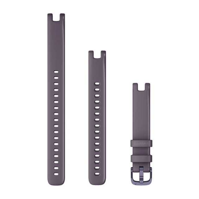 correa garmin para lily garmin 010-13068-02 Correa para Lily en fucsia; tres piezas frontales: hebilla metálica con trabilla marcada GARMIN y dos tiras de silicona lisa con orificios de ajuste y extremos en forma de horquilla sobre fondo blanco. A menudo usada para cambiar el estilo del reloj rápidamente.