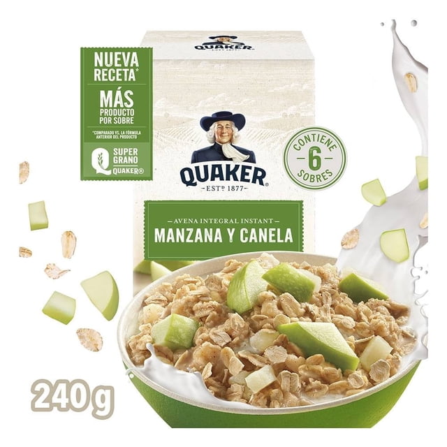 avena integral quaker instant manzana y canela 240 g Caja frontal de avena instantánea Quaker sabor manzana y canela, 240 g; vista centrada con logo Quaker, etiqueta verde "Manzana y Canela" y sello "Contiene 6 sobres"; tazón con avena, trozos de manzana verde y leche salpicando, ideal para desayunos rápidos y apta también como snack caliente para llevar.